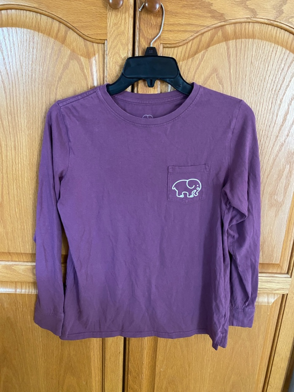 ivory ella brand Long-Sleeve Tee in Plum with Elephant Pocket. Size XS.